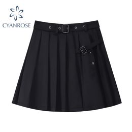 High Waist Pleated Crop Skirts Women Gothic Punk Belt Vintage A Line Streetwear Black Skirt Y2K Student Preppy Style Clothing 210417