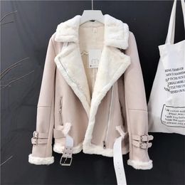 Women Winter Suede Lamb Cold Days Coat Thick Warm Jacket Short Motorcycle Belt Tops Wool Sheepskin Outwear Loose Korea 210925