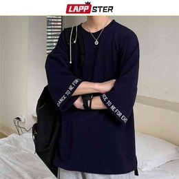 LAPPSTER Harajuku 6 Colours Oversized Tshirts Men Summer Black Three Quarter Korean Fashions T Shirt Designer Casual Tees 210706