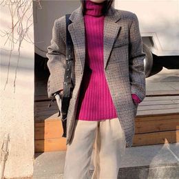 Comelsexy Notched Vintage Thick Plaid Blazer Jacket Autumn Spring Commuting Formal Women Blazers Loose Suit Woolen Coat 210515