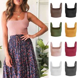 Women Knitted Tops Vest Sexy BacklSleep Tops Solid Color Camisole Fashion Women Halter U Neck Basic Camisole X0507