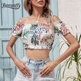 Slash neck Frill Trim Off The Shoulder Tops for Women Summer Casual Boho Print Short Sleeve Female Cropped Blouses 210510