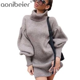 Autumn Winter Warm Elegant High Neck White Knitted Mini Dress Sexy Office Loose Lantern Sleeve Straight Tube Dresses 210604