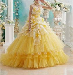 New Daffodil A Line Evening Dresses 3d Flowers Sweetheart Custom Made Lace & Tulle Prom Dress Sweep Train Prom/Quinceanera Dresses