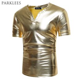 Shiny Gold Coated Metallic T Shirt Men Caual V Neck Men T-shirt Night Club T Shirts Slim Hip Hop Top Tee Shirt Homme 2XL 210409