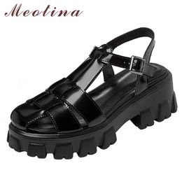 Meotina Gladiator Shoes Women Genuine Leather Sandals Platform High Heel Sandals Round Toe Chunky Ladies Footwear Summer 34-43 210608