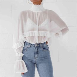 Sexy See Through Ruffles Chiffon Blouses Elegant Perspective Long Sleeve Shirts Turtleneck Tops Women Blouse Pullovers 210507