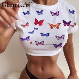 Glamaker Butterfly Print Sexy Crop top White T-Shirt women Summer Streetwear O Neck Short Sleeve Stretch Tee Top feminina 210412