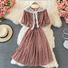 Vintage Women Blue/Beige Printed Dress With Shawl Casual Short Sleeve Chiffon Vestidos Ladies A-Line High Waist Robe Summer New Y0603