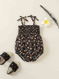 Baby Floral Print Shirred Frill Trim Tie Shoulder Cami Bodysuit SHE