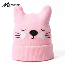 New Children Cute Hats For Girls Boys Spring And Autumn Winter Cartoon Cat Ears Knitted Cotton Bean Hats Newborn Baby Solid Hats Y21111