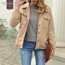 Aelegantmis Casual Loose Suede Jacket Women Warm Turn Down Collar Button Pockets Plus Size Coat Female Long Sleeves Outwear Tops 210607