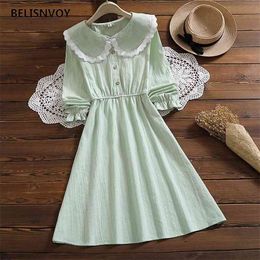 Japanese Mori Girl Spring Autumn Women Dress Peter Pan Collar Lace Green Navy Vestidos Retro Plaid Cotton Preppy Sweet Dresses 210520