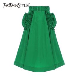 Patchwork Pockets Women Skirt High Waist With Sashes Ruched Elegant Skirts Female Clothing Fashion Spring 210521