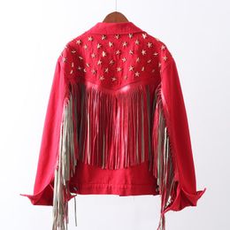 Women's Jackets 2021 Autumn Red Denim Jacket Women Vintage Star Rivet Suede Fringe Single-breasted Long Sleeve Female Outerwear Ropa Z544