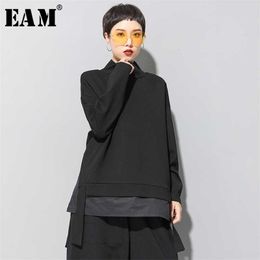 [EAM] Loose Fit Asymmetrical Oversized Sweatshirt High Collar Long Sleeve Women Big Size Fashion Spring Autumn 19A-a124 210927