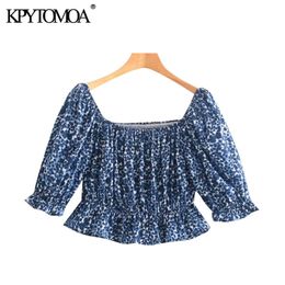 Women Fashion With Ruffled Print Cropped Blouses Square Collar Short Sleeve Female Shirts Chic Tops 210420