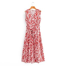women elegant v neck red zebra striped print bow tie sashes midi dress lady chic sleeveless casual slim vestidos DS3591 210420