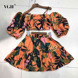 Elegant Sexy Sets For Women Slash Collar Puff Short Sleeve Tops High Waist Loose Mini Skirts Two Piece Set Female Style 210531