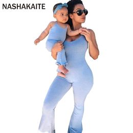 NASHAKAITE Mother And Daughter Clothes Summer Blue Casual Matching Jumpsuit Mommy Me Family Outfits 210724