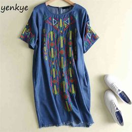 Summer Women Geometric Embroidered Vintage Denim Dress Female Short Sleeve O Neck Frayed Edge Casual Plus Size 210514