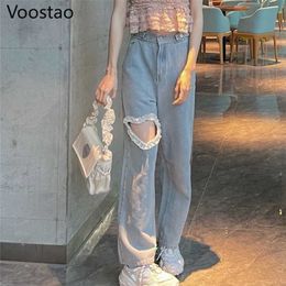 Sweet High Waist Denim Pants Women Chic Love Heart Ruffles Hollow Out Wide Leg Jeans Female Streetwear Straight Trousers 211115