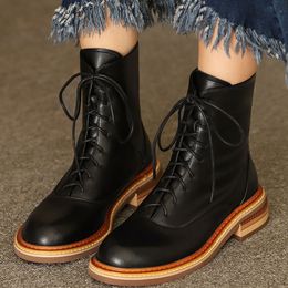 Brand New Big Size 42 Shoelaces Genuine Leather Chunky Heels Ankle Boots Comfy Walking Footwear Woman Shoes