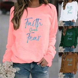 Women Hoodie Faith Over Fear Letter Printed Hoodies Fleece Long Sleeve O Neck Loose Sweatshirt Girls Pullovers Winter 210803