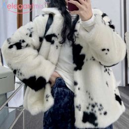 Aelegantmis Cow Print White Black Women Teddy Fur Jacket Korean Kawaii Cute Loose Warm Female Fluffy Furry Streetwear 210607