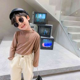 Fashion boys candy color high collar base long-sleeved T shirts Baby girls cotton casual Tees Tops 210508
