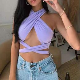 Women Strappy Cross Over Front Cut Out Halter Sleeveless Backless Wrap Crop Top Bandage Vest Summer Sexy Tops 210514
