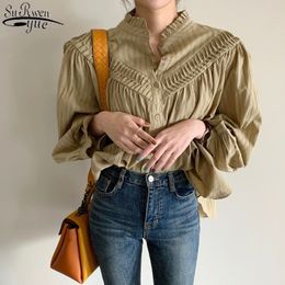 Korean Chic Top Lantern Sleeve White Cotton Blouse Single-breasted Long Women's Shirt Vintage Female Blusas 11616 210427