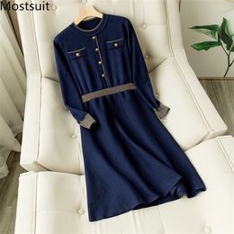Синие старинные моды вязаное платье женщины о-вырела однобортное корейское элегантное a-line платья весна лето ol vestidos 210518