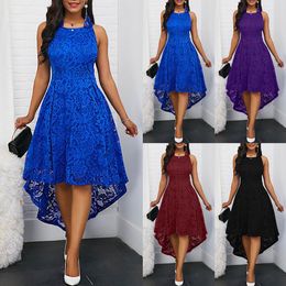 Floral Lace Women Solid Color Sleeveless Irregular Hem Formal Party Midi Dress X0521