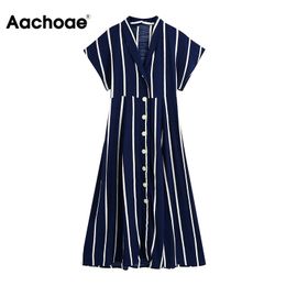 Aachoae Fashion Striped Office Wear Long Shirt Dress Women Short Sleeve Casual Maxi Dresses Summer Chic Turn Down Collar Dress 210413