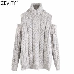 Women Fashion Turtleneck Collar Off Shoulder Design Casual Knitting Sweater Lady Long Sleeve Chic Pullovers Tops S488 210420