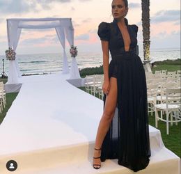 Modern Black Long Evening Dresses High Neck Short Sleeves Side Slit Floor Length Lady Formal Party Prom Gowns Fashion
