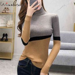 Spring Women Sweater Colour Block Turtleneck Slim Long Sleeve Tops Pullover Knit Wear Jacket For Girls T0N905A 210421