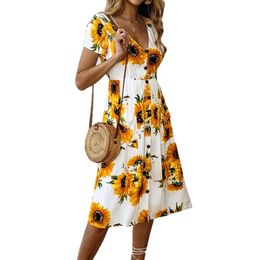 Summer Women Dress Bohemian Floral Beach Dress Sundress Women Vintage Office Midi Pocket Casual Ladies Sexy Dress Vestido Female 210416