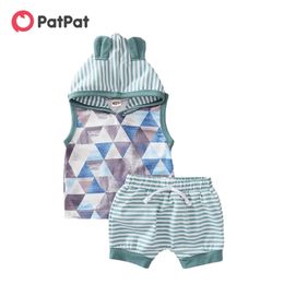 Arrival Summer 2pcs Hooded Cotton Sleeveless Baby Unisex casual Geometric Baby's Sets Clothing 210528