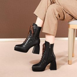 metal toe boots Canada - Boots Winter Thick High Heels Platform Square Toe Metal Decoration Plush Genuine Leather Women Ankle Short Equestrian