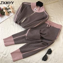 JXMYY fashion women tracksuit patchwork turtleneck zipper knitted cardigans sweater pants suit 2 piece set trousers elastic 210412