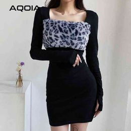 Spring Sexy Women Mini Dress Sheath Leopard Strapless Patchwork Ladies es Empire Long Sleeve Black Party 210521