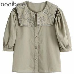 Embroidery and Beading Peter Pan Collar Puff Sleeve Women Shirts Summer Casual Button Front Female Blouses Tops 210604