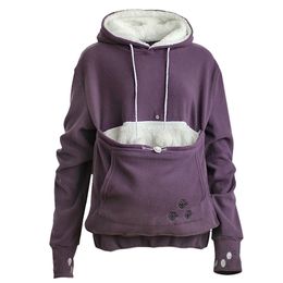 Aonibeier Winter Warm Pet Pouch Hoodie Women Sweatshirt Embroidery Big Pocket Ladies Pullovers Cat Lovers Dog Hoodies Plus Size 220311