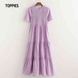 Toppies Summer Violet Daisy Printing Maxi Dress for Woman Slim Cascading Ruffles Dress 210412