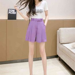 Korean Brief Design pleated Suit Shorts For Women Fashion Solid High Waist Wide Leg womens shorts summer 210507