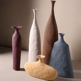 Creative Ceramic Flower Vases Figurines Nordic Morandi Colored Cylinder Pots Home Living Room Decoration Modern Ornaments 211215
