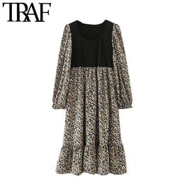 TRAF Women Chic Fashion Patchwork Floral Print Ruffled Midi Dress Vintage O Neck Long Sleeve Female Dresses Mujer 210415