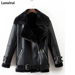 Autumn Winter Women Pu Tops Casual Belted Leather Outwear Fur Casual Thicken Warm Coat Punk Lapel Lamb Wool Black Gold Jacket SH190827